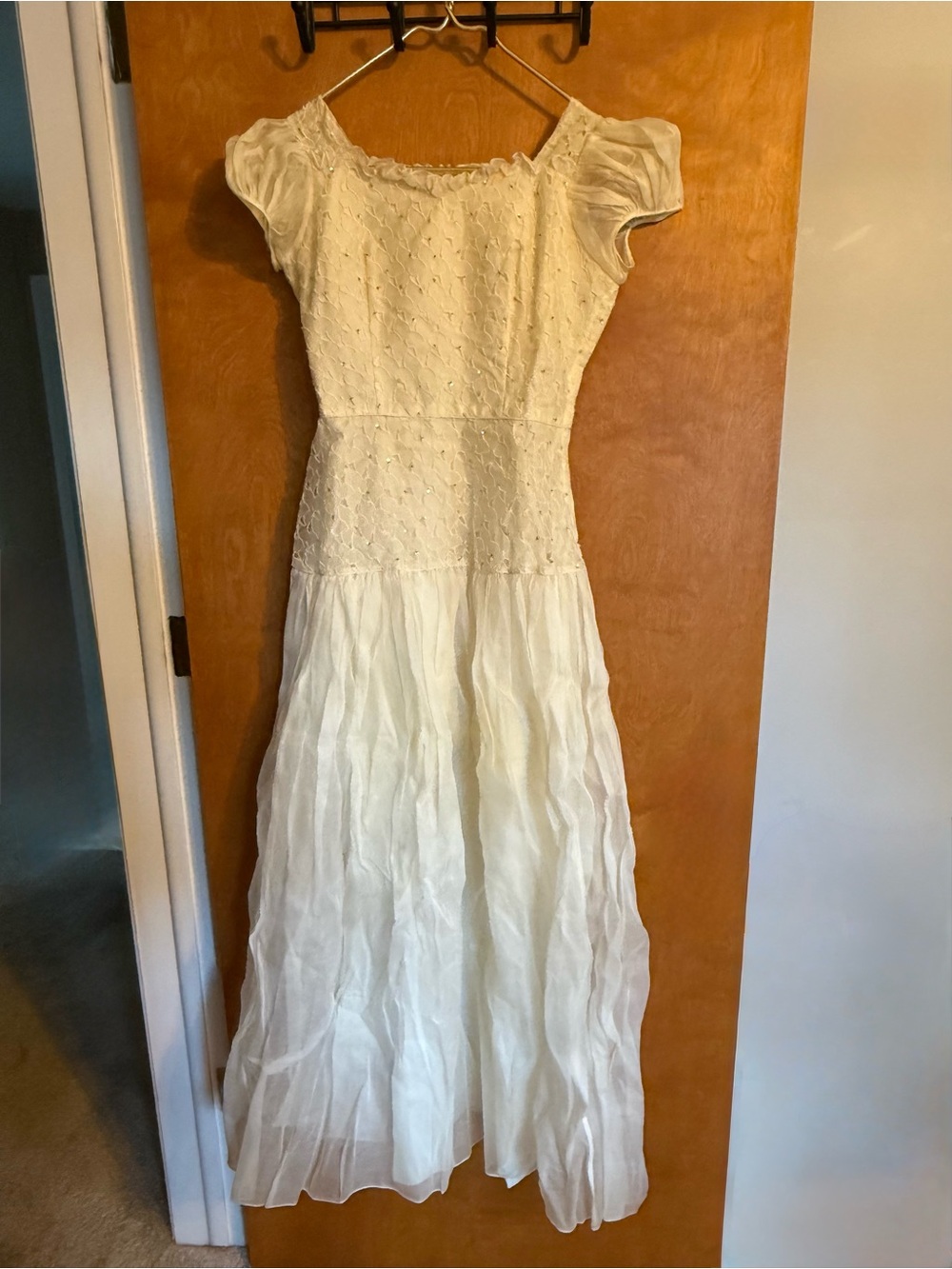Vintage Ivory Lace Sequin Boho Cottagecore Wedding Dress - Picture 2 of 14